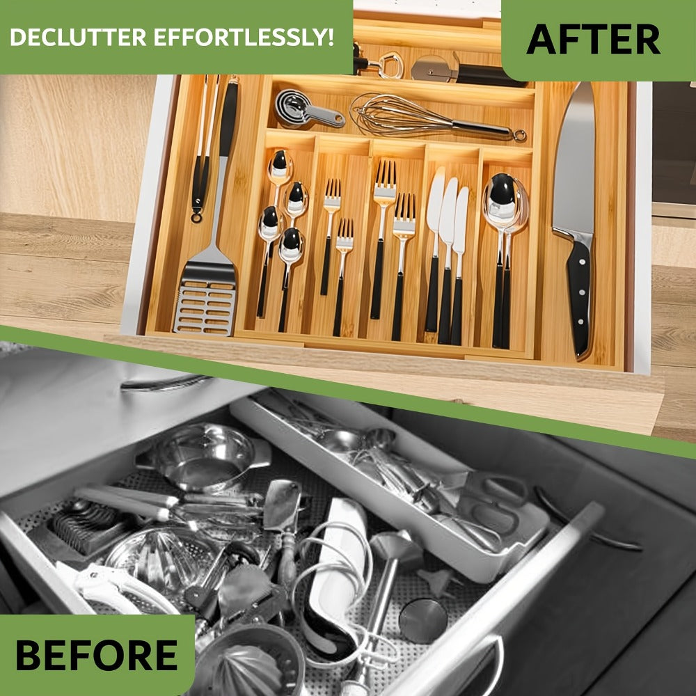 Bamboo Drawer Organizer Expandable Utensil Tray | Adjustable Silverware Organizer for Kitchen Drawers | 5 or 9 Compartments Cutlery Divider for Fork Spoon Knife Kitchen Tools