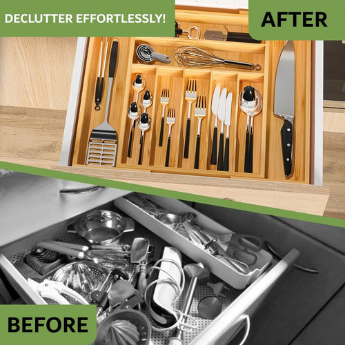 Bamboo Drawer Organizer Expandable Utensil Tray | Adjustable Silverware Organizer for Kitchen Drawers | 5 or 9 Compartments Cutlery Divider for Fork Spoon Knife Kitchen Tools