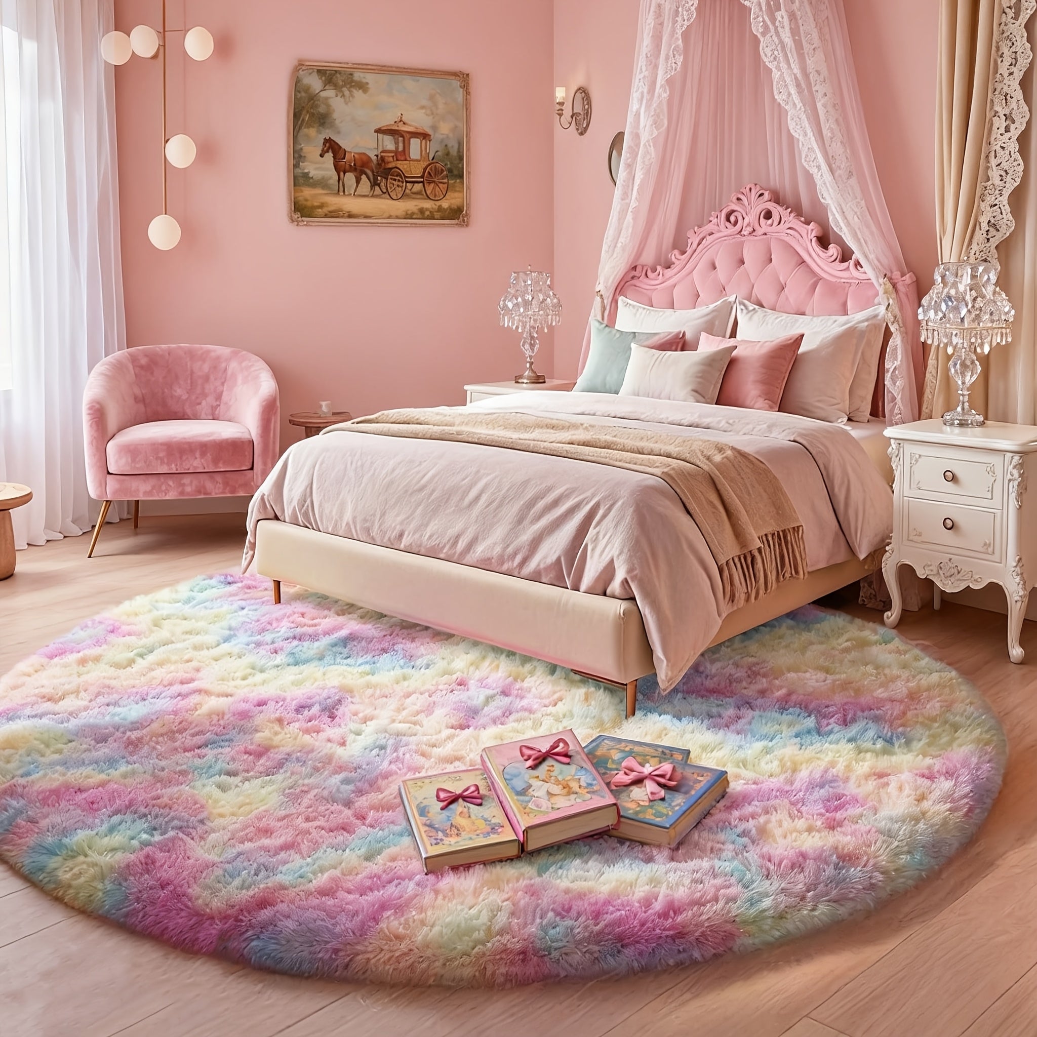 Round Area Rug Soft Shaggy Plush Circle Rug Non-Slip Indoor Floor Mat for Living Room Bedroom Dorm Tie Dye Rainbow Multi-Color Multi-Size