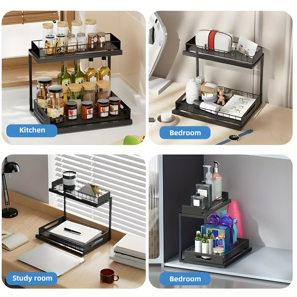2-Tier Pull-Out Cabinet Organizer Metal Sliding Drawer, Kitchen Sink Storage Container for Bathroom Tabletop Study, Push-Pull Stackable Organizer for Kitchen Bathroom Cabinet