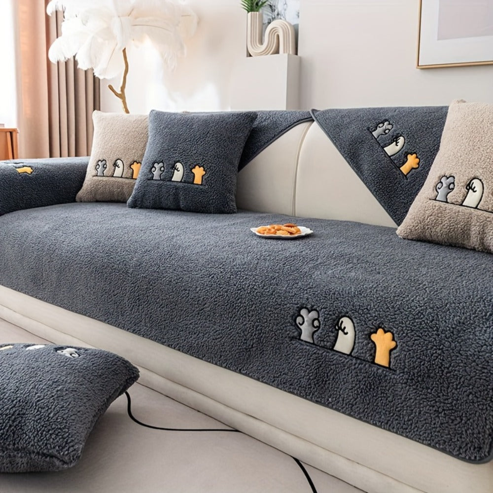 Plush Shearling Sofa Cover Non-Slip Pet-Friendly Couch Protector Animal Bone Embroidery Soft Warm for Living Room Bedroom Office 2 3 4 Seater
