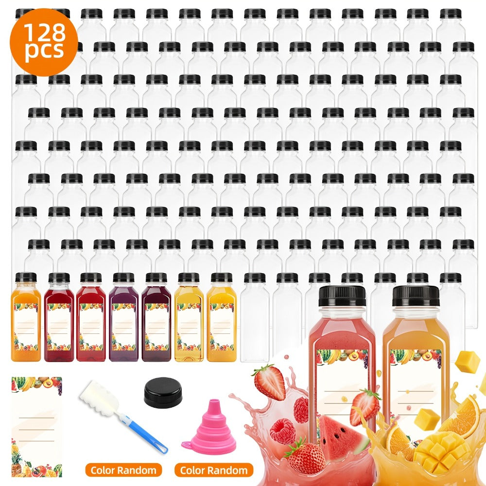 128pcs 12oz Empty Plastic Bottles Bulk | Reusable Clear Juice Containers with Funnel & Brush for Smoothies Ginger Tea Coffee