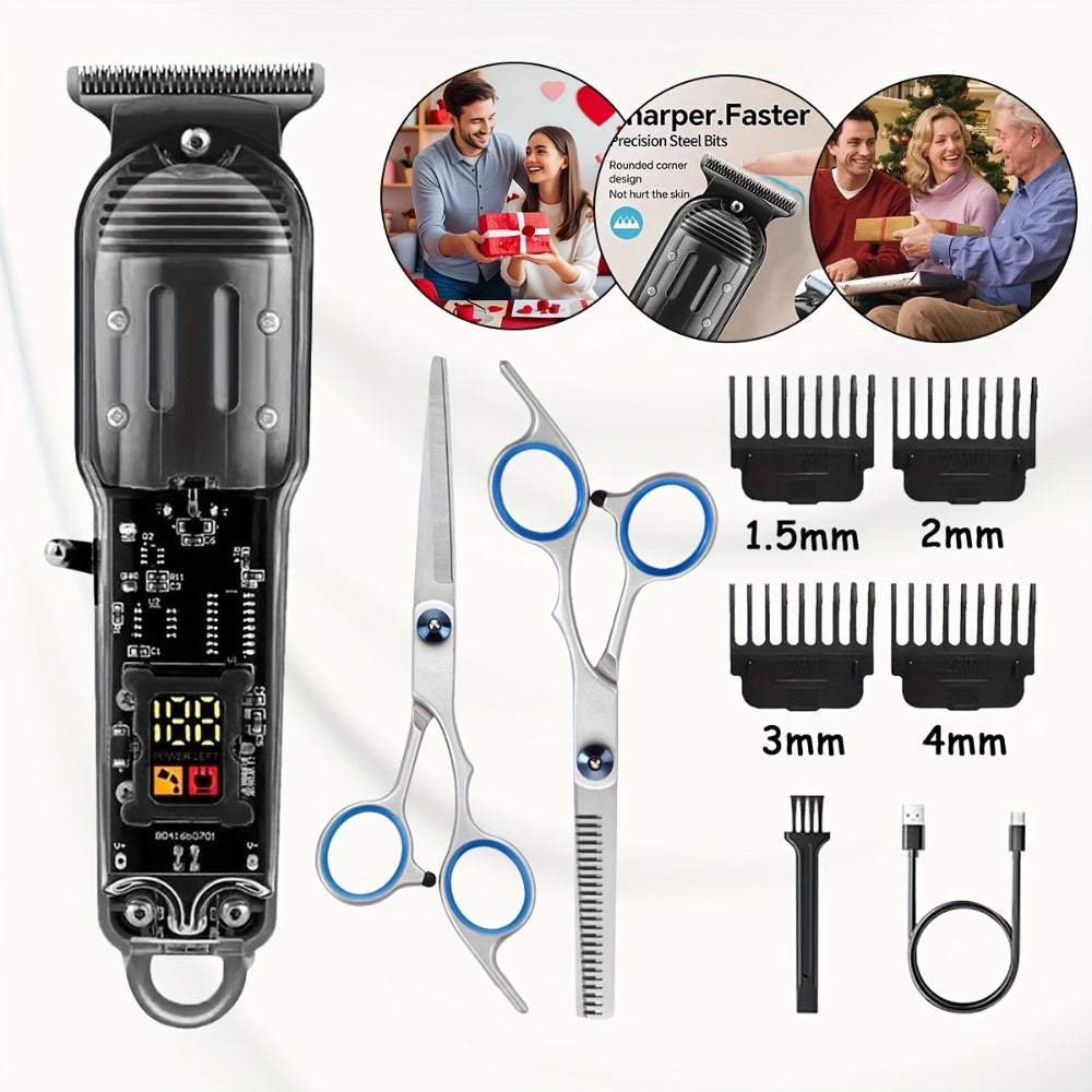Professional Hair Cutting Kit for Men - Transparent USB Rechargeable Hair Clipper with LCD Display, T-Blade Trimmer, Electric Shaver, 4 Guide Combs & Cleaning Brush - Home Barber Grooming Gift Set