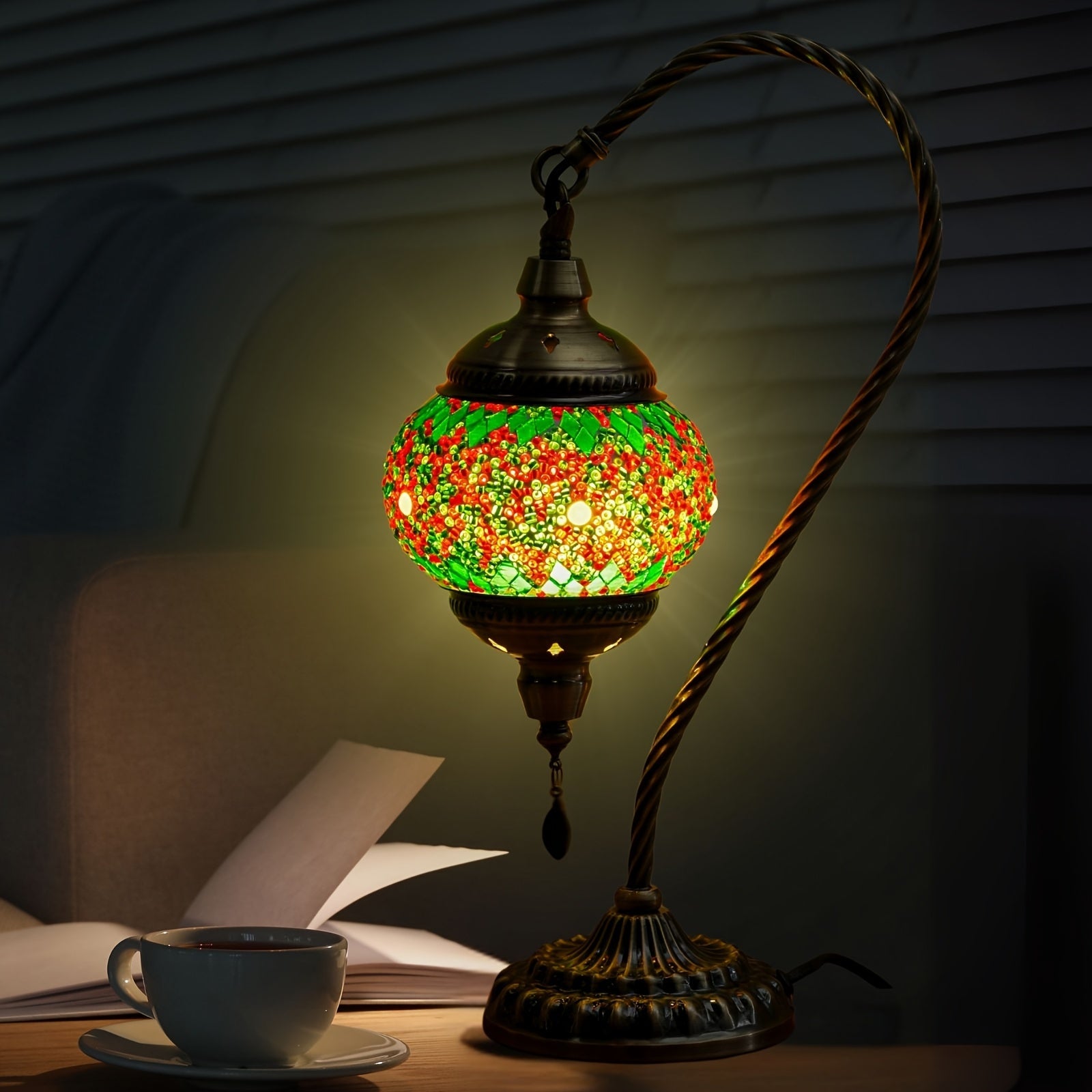 Mosaic Table Lamp Turkish Moroccan Style Handmade Swan Neck Glass Bedside Lamp 3 Color Modes LED Bulb Included Metal Base for Bedroom Living Room