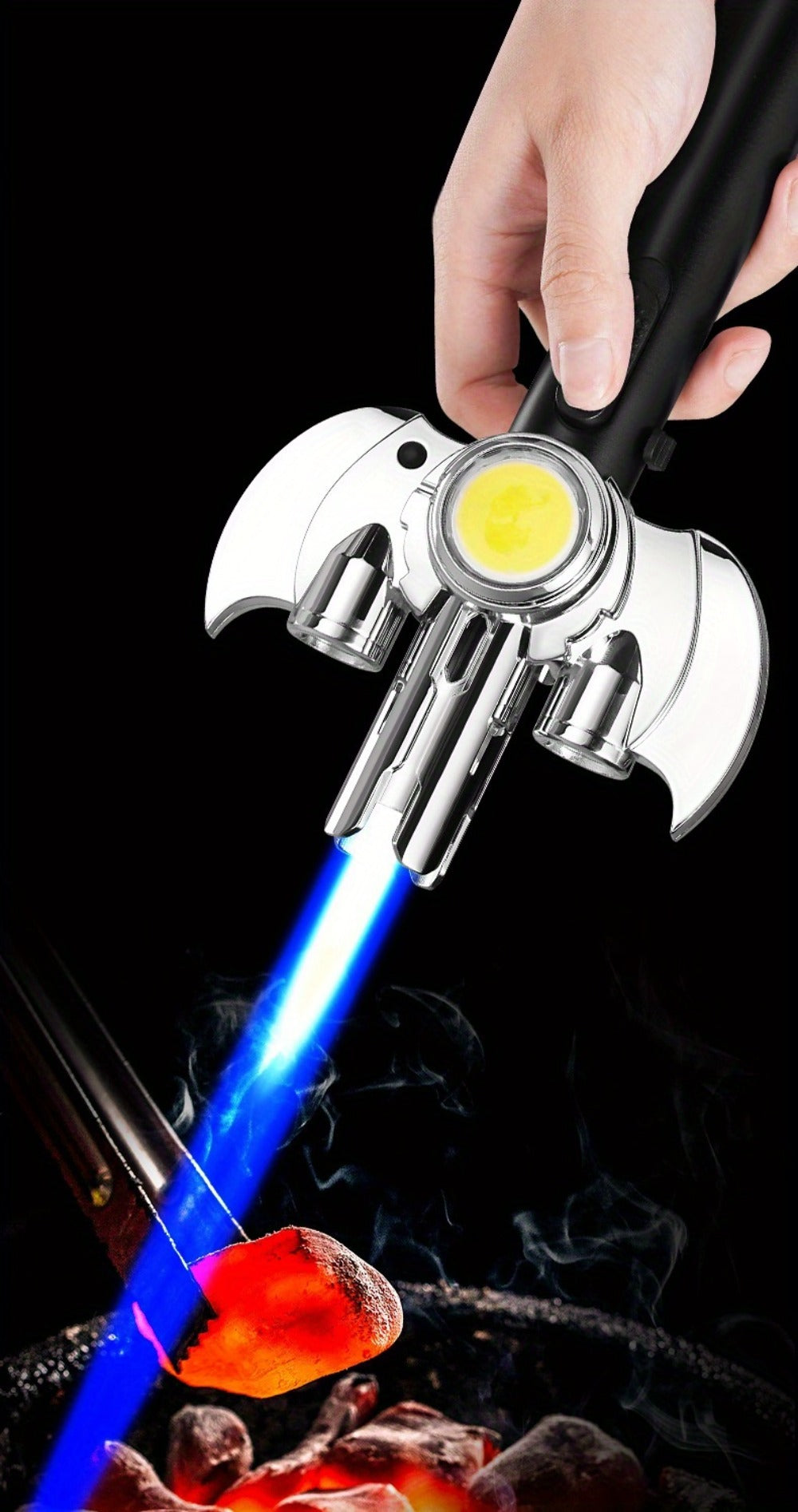 Torch Lighter Metal Jet Flame, Large Windproof Butane Torch with COB Light, High-Power Refillable Flamethrower for Barbecue, Baking, Camping, Moxibustion & Outdoor Use ¨C Black & Silver (Butane Not Included)