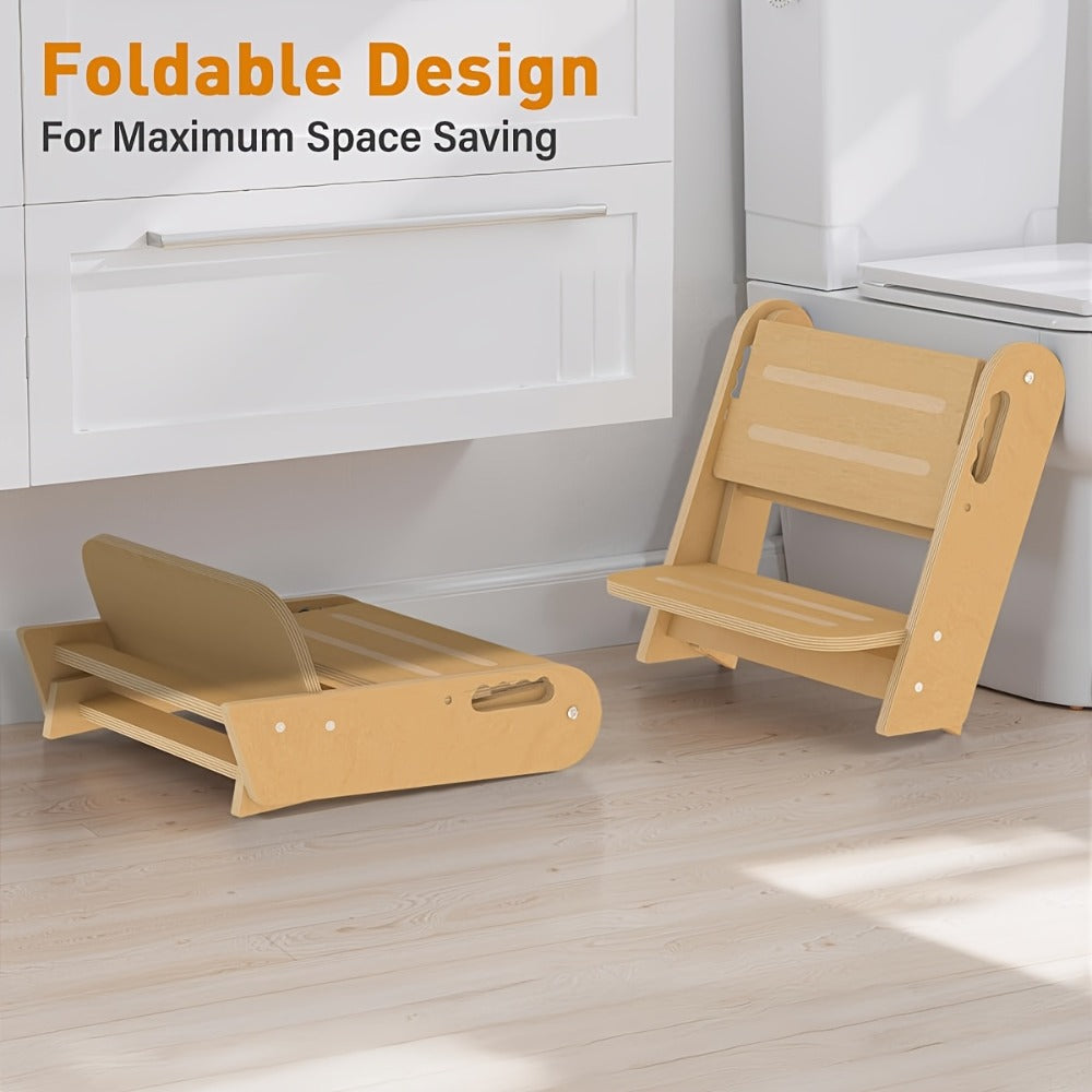 Foldable Step Stool Non-Slip Double-Tier with Handle Portable Toilet Training Stool for Bathroom Kitchen Bedroom Countertop Sink Kids Adults Natural Wood Finish Sturdy Step Ladder