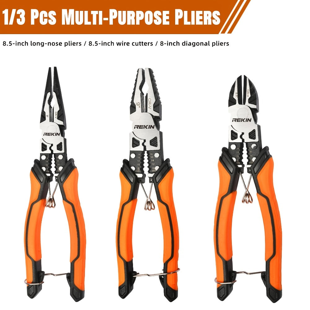 Pliers Set 9-in-1 Multi-Function Industrial Grade, 8.5¡± Lineman Pliers, 8.5¡± Long Nose Pliers, 8¡± Diagonal Side Cutters, CRV Steel TPR Handle Wire Stripper Crimper Cutter for Electrical & Auto Repair