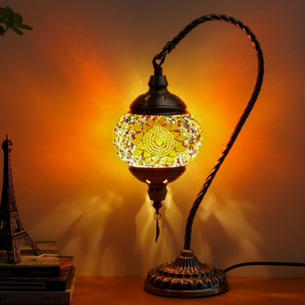 Mosaic Table Lamp Turkish Moroccan Style Handmade Swan Neck Glass Bedside Lamp 3 Color Modes LED Bulb Included Metal Base for Bedroom Living Room
