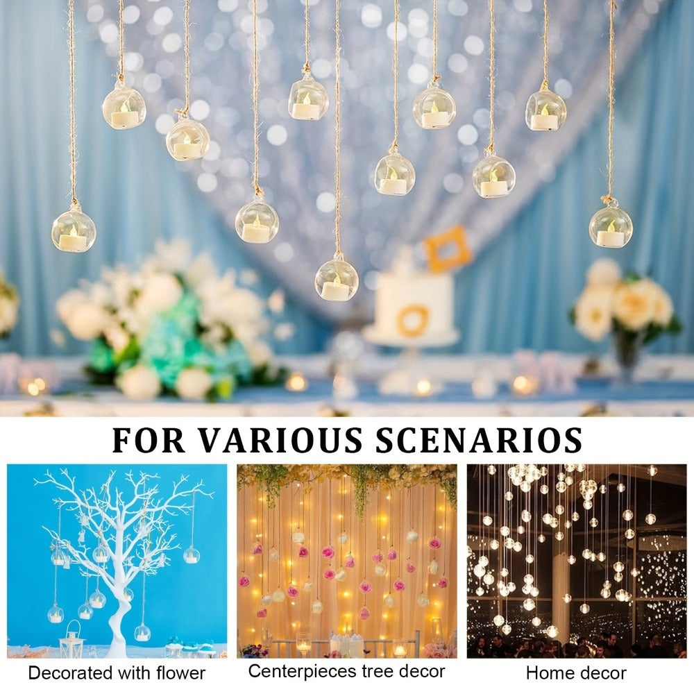 Hanging Glass Ball Candle Holders Set for Wedding Party Christmas Tree Decoration - Clear Glass Tea Light Holders with Hanging Design, Fillable Ornament Balls for Home Decor