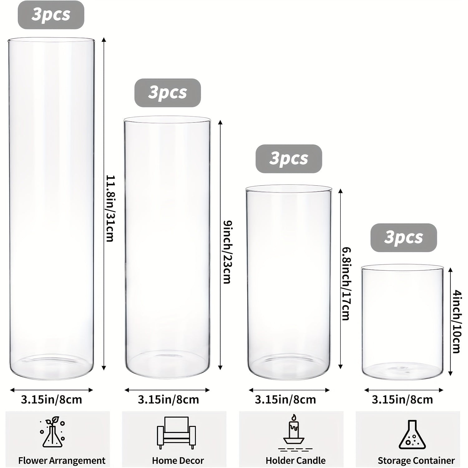 Clear Cylinder Glass Vases Set Wedding Centerpieces Home Decor