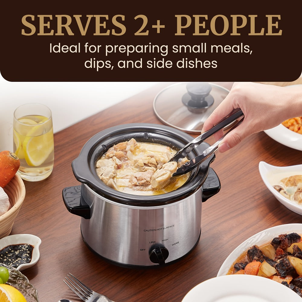 Mini Slow Cooker 1.5QT & 2.0QT with Adjustable Temperature Ceramic Crock & Dishwasher Safe Glass Lid ¨C Small Slow Cooker for Sauces Dips Soups Stews, Stainless Steel & Black
