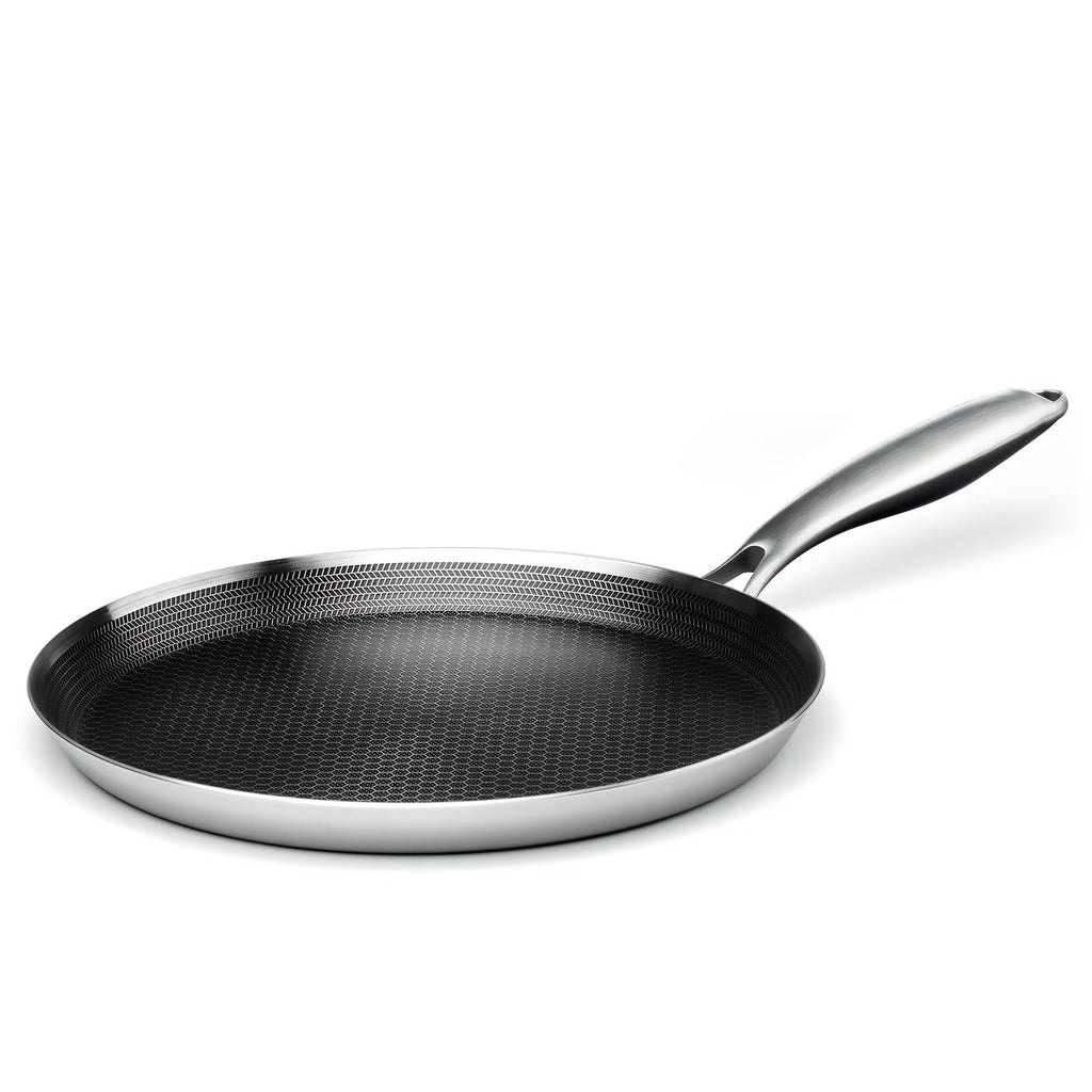 Stainless Steel Crepe Pan 11 Inch Dual Honeycomb Non-Stick PFOA-Free with Lid ¨C Triply Steel Pancake Griddle for Tortillas | Induction Gas Electric Ceramic Compatible Home Camping BBQ Cookware