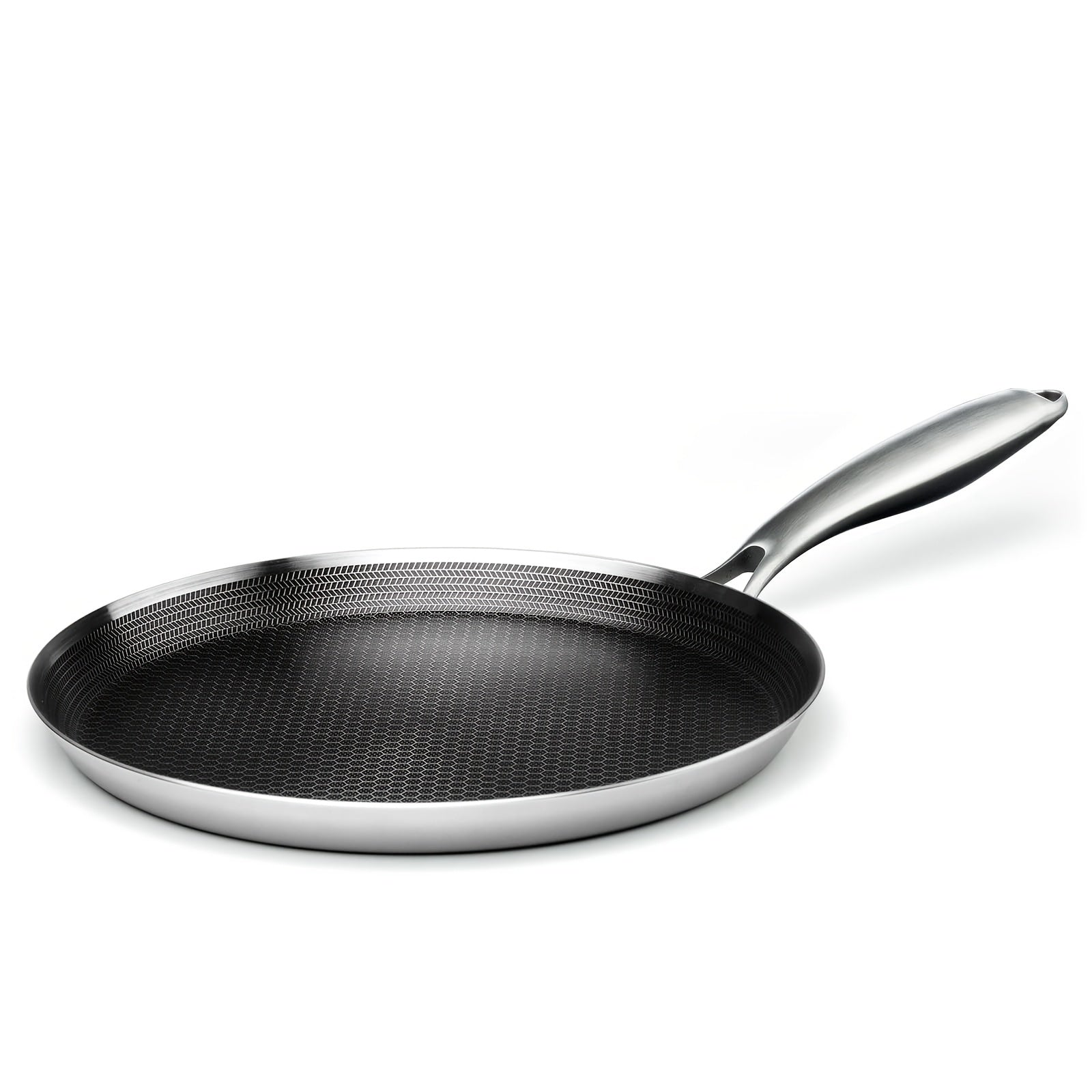 Stainless Steel Crepe Pan 11 Inch Dual Honeycomb Non-Stick PFOA-Free with Lid ¨C Triply Steel Pancake Griddle for Tortillas | Induction Gas Electric Ceramic Compatible Home Camping BBQ Cookware