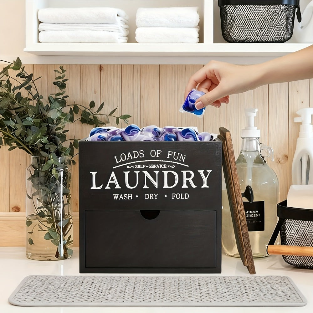 Dryer Sheet Holder with Drawer & Lid | Farmhouse Wood Laundry Pod Dispenser | Wall Mount or Countertop Organizer for Laundry Room Storage, Black & White