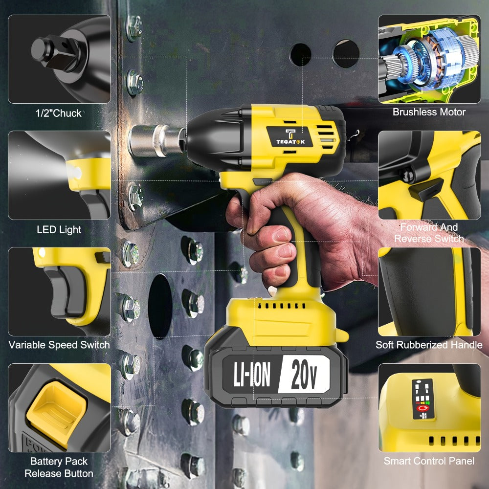 20V Brushless Power Tool Combo Kit | 4-Tool Cordless Set with Impact Wrench, Hammer Drill, Angle Grinder & Electric Drill ¨C 3 Batteries Included for Home Renovation & Construction