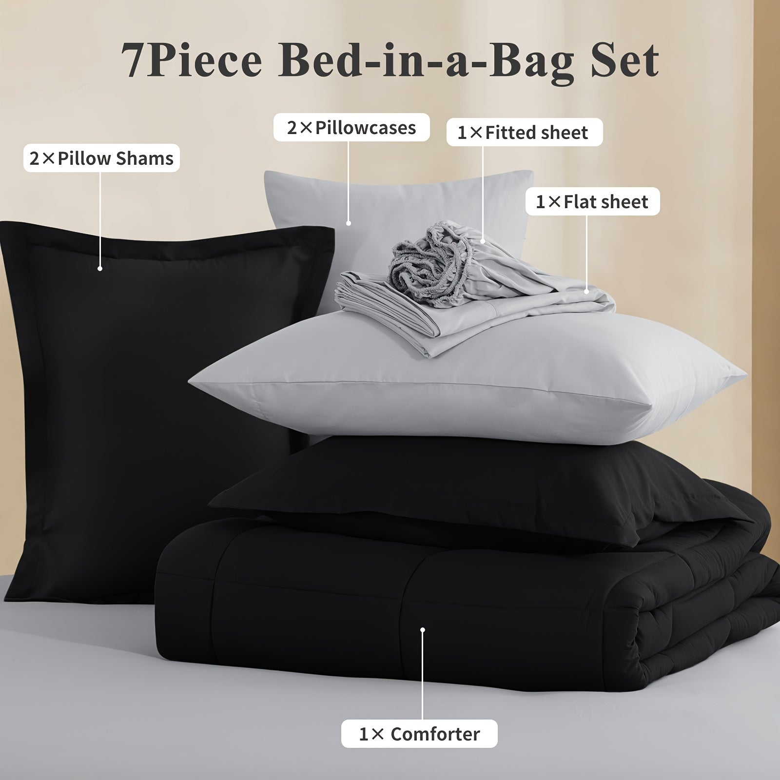 7 Piece Comforter Set Luxury Soft Fluffy Bedding All Season Bed in a Bag with Comforter Fitted Sheet Flat Sheet Pillowcases Hypoallergenic Breathable Easy Care Queen King Twin XL Full