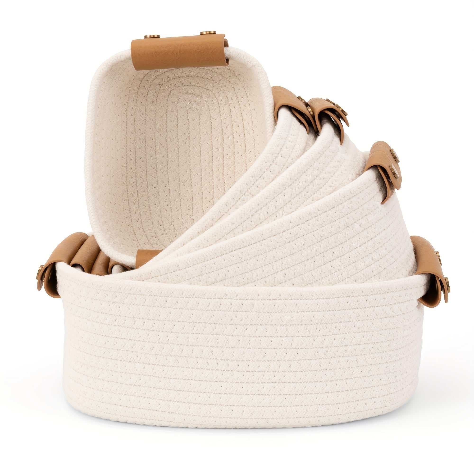 Cotton Rope Storage Basket Set of 5 Woven Baskets with Leather Handles for Shelves Bathroom Bedroom Living Room Office Organizer Bins Boho Home Decor Natural Brown White Black