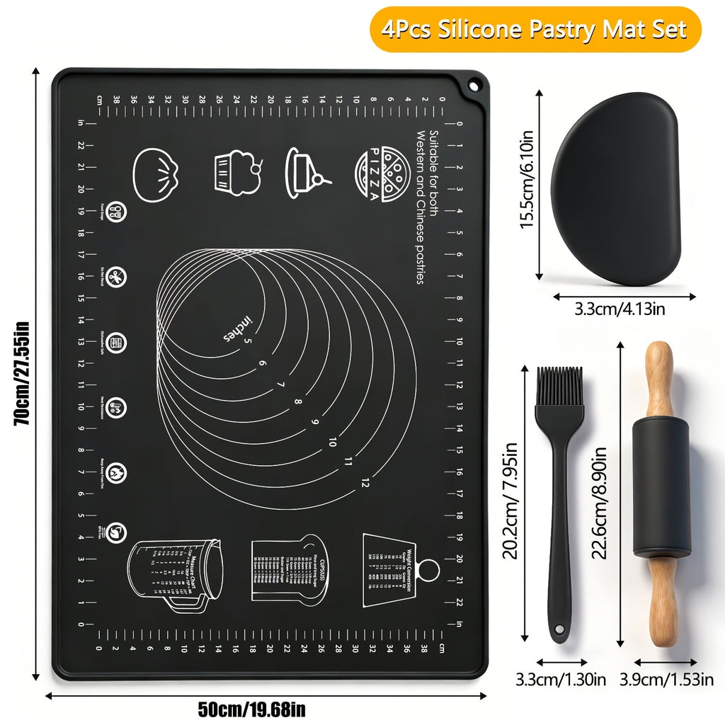 Silicone Baking Mat Set 4pcs, Extra Thick Non-Stick Pastry Mat with Measurement Scales, Non-Slip Dough Kneading Mat, Includes Rolling Pin, Dough Scraper and Storage Bag, Reusable Kitchen Baking Tools