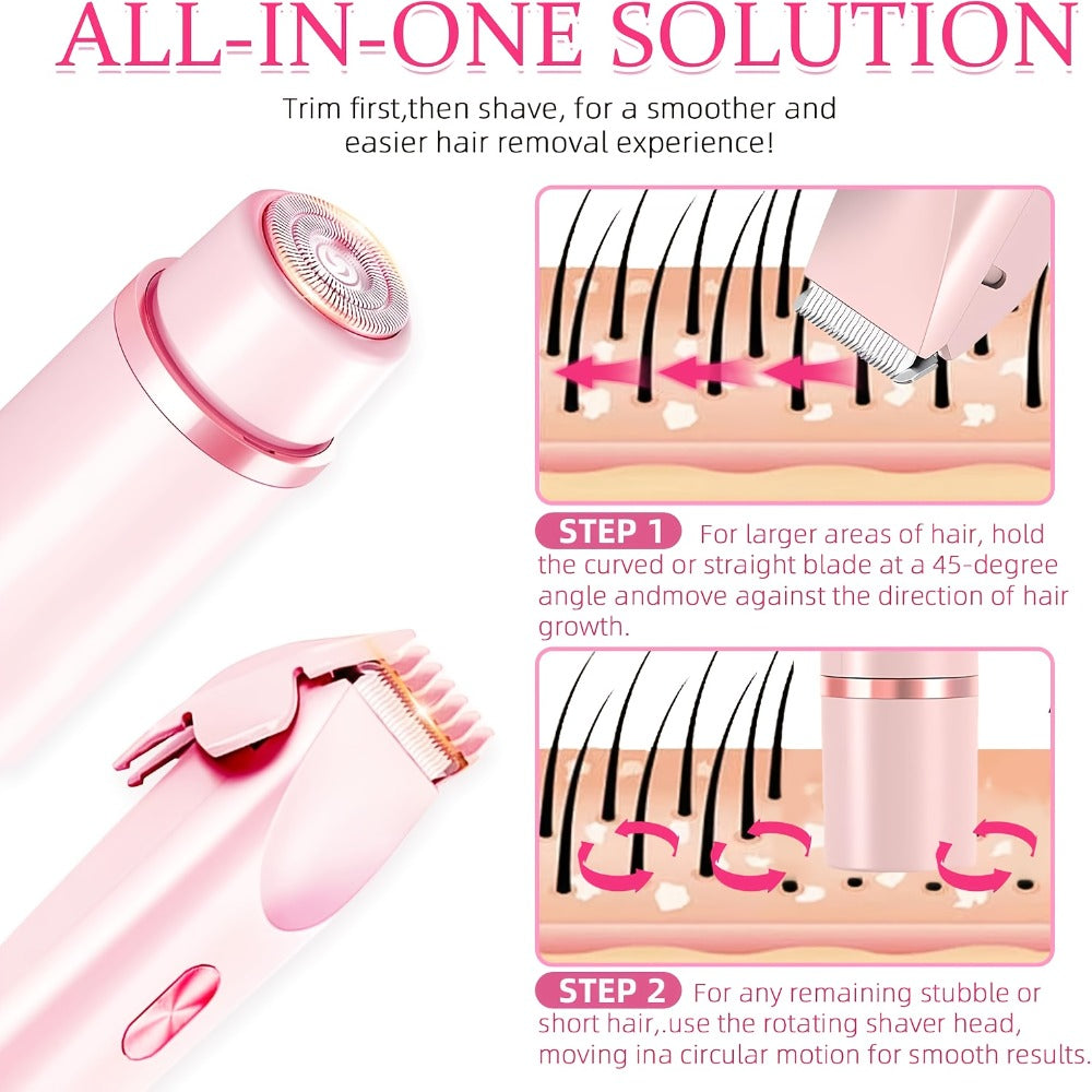 Bikini Trimmer for Women 2-in-1 Dual Head Electric Shaver - IP67 Waterproof Wet Dry Body Hair Remover for Bikini Area Underarms Legs Arms Face, USB Rechargeable Long Battery Life, Ergonomic Grip