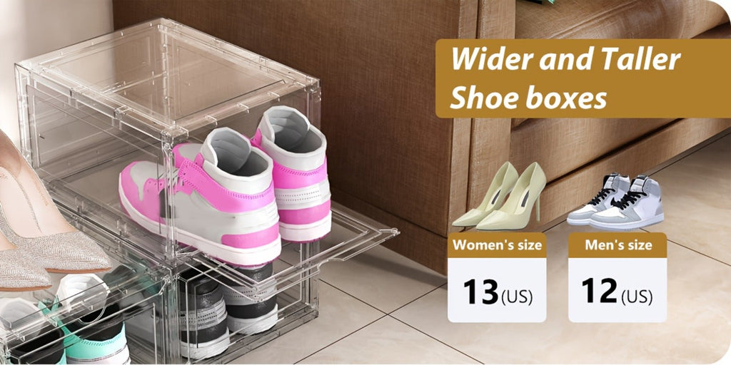 Clear Stackable Shoe Storage Boxes 6/12 Pack XX Large Hard Plastic Organizer for Size 12 Sneakers Closet White
