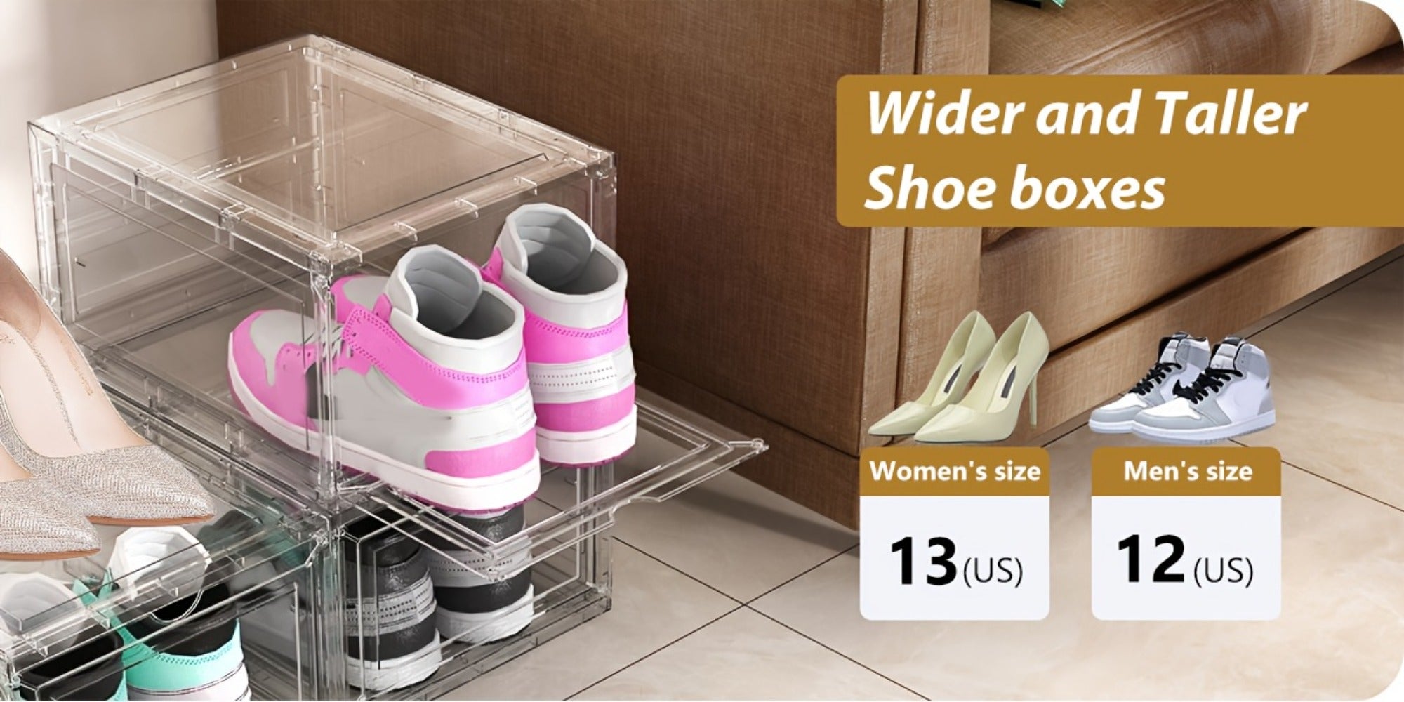 Clear Stackable Shoe Storage Boxes 6/12 Pack XX Large Hard Plastic Organizer for Size 12 Sneakers Closet White