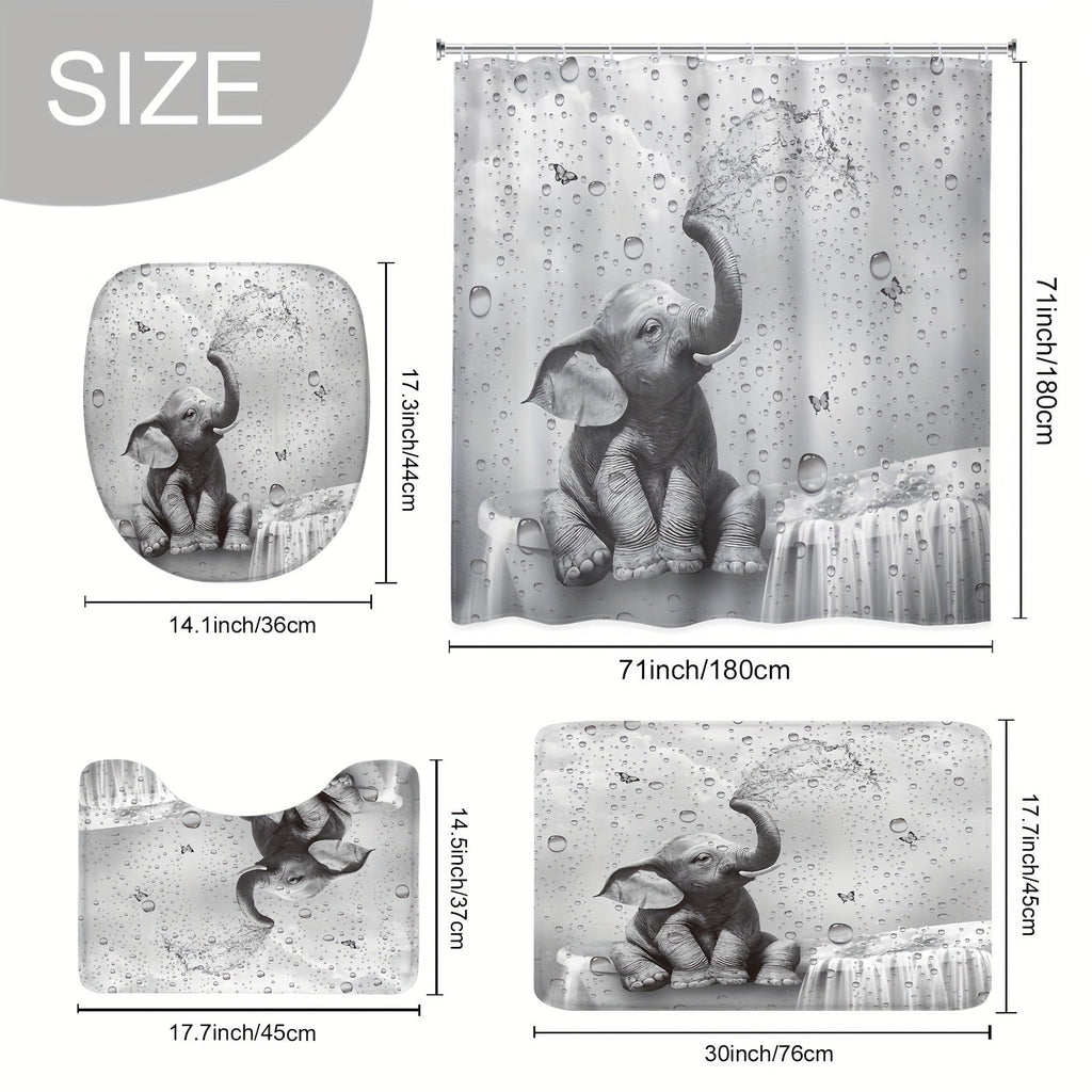 Shower Curtain Set Funny Elephant Bathroom Decor with Hooks Anti-Slip Floor Mat Toilet U-Shaped Mat African Wildlife Bath Decor Gray