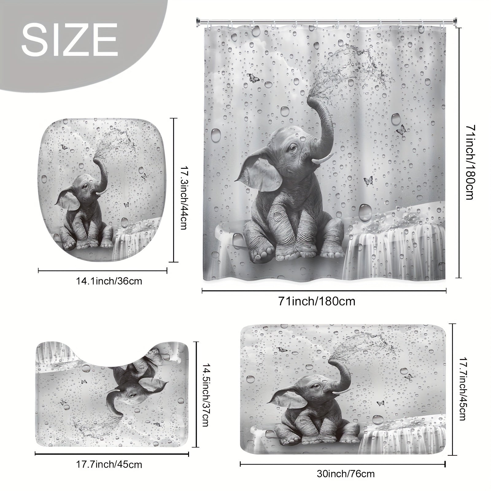 Shower Curtain Set Funny Elephant Bathroom Decor with Hooks Anti-Slip Floor Mat Toilet U-Shaped Mat African Wildlife Bath Decor Gray