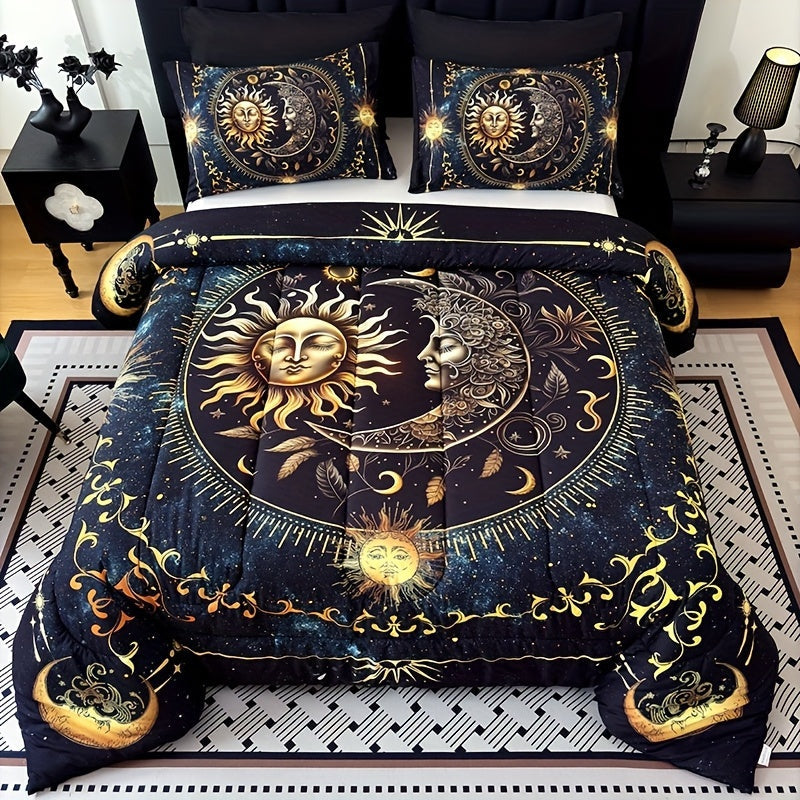 Sun Moon Planet Comforter Set 3pcs Digital Print Quilted Bedding 1 Comforter 2 Pillowcases 180GSM Soft Breathable Black Celestial Bedroom Decor Twin Full Queen King Size Dormitory