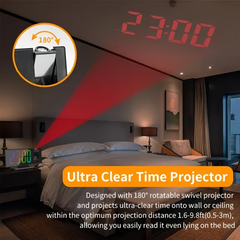 Digital Projection Alarm Clock LED Color Screen - 180¡ã Rotating Projector, Temperature Display, Adjustable Brightness, Night Mode, Snooze, USB Powered Bedroom Living Room Ceiling Clock Decor
