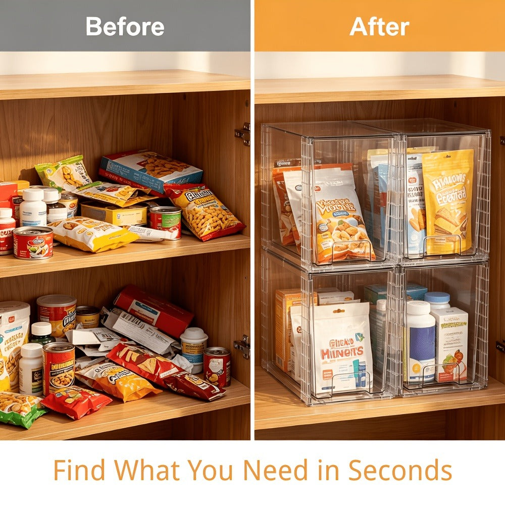 Under Sink Organizer 4 Pack - Clear Stackable Plastic Storage Bins, Drawer Organizer for Bathroom, Kitchen Cabinet, Pantry & Vanity - 9.7¡± High Undersink Storage