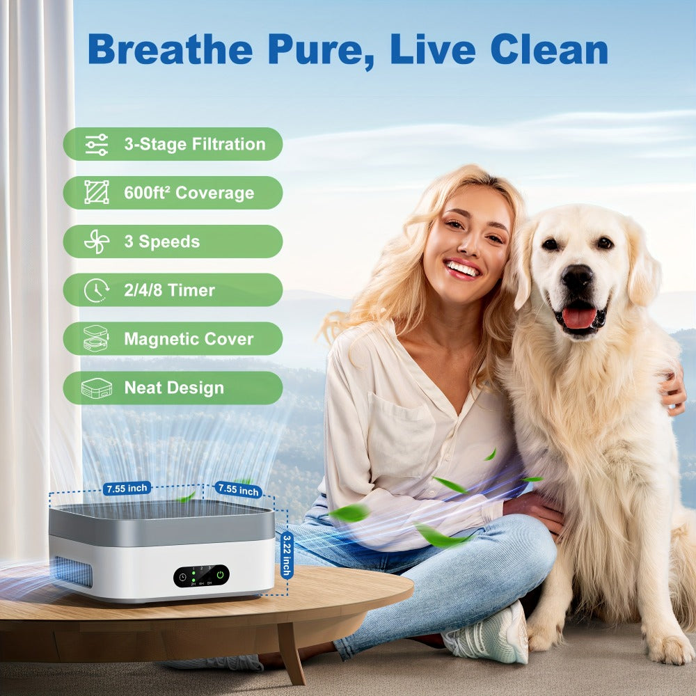 HEPA Air Purifier for Home Bedroom Up to 700 Sq Ft with True HEPA Filter 3-Stage Filtration Quiet Sleep Mode USB-C Charging Smart Touch Control for Pets Dust Pollen Smoke Odor Desk Car Travel