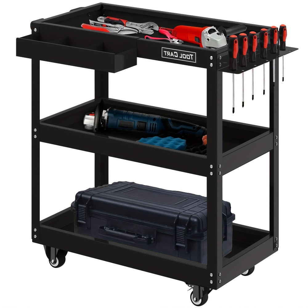Rolling Tool Cart 3-Tier Heavy Duty 330 LBS Capacity Pegboard Organizer Locking Drawer 4 Swivel Casters for Garage Workshop Mechanics Black Yellow