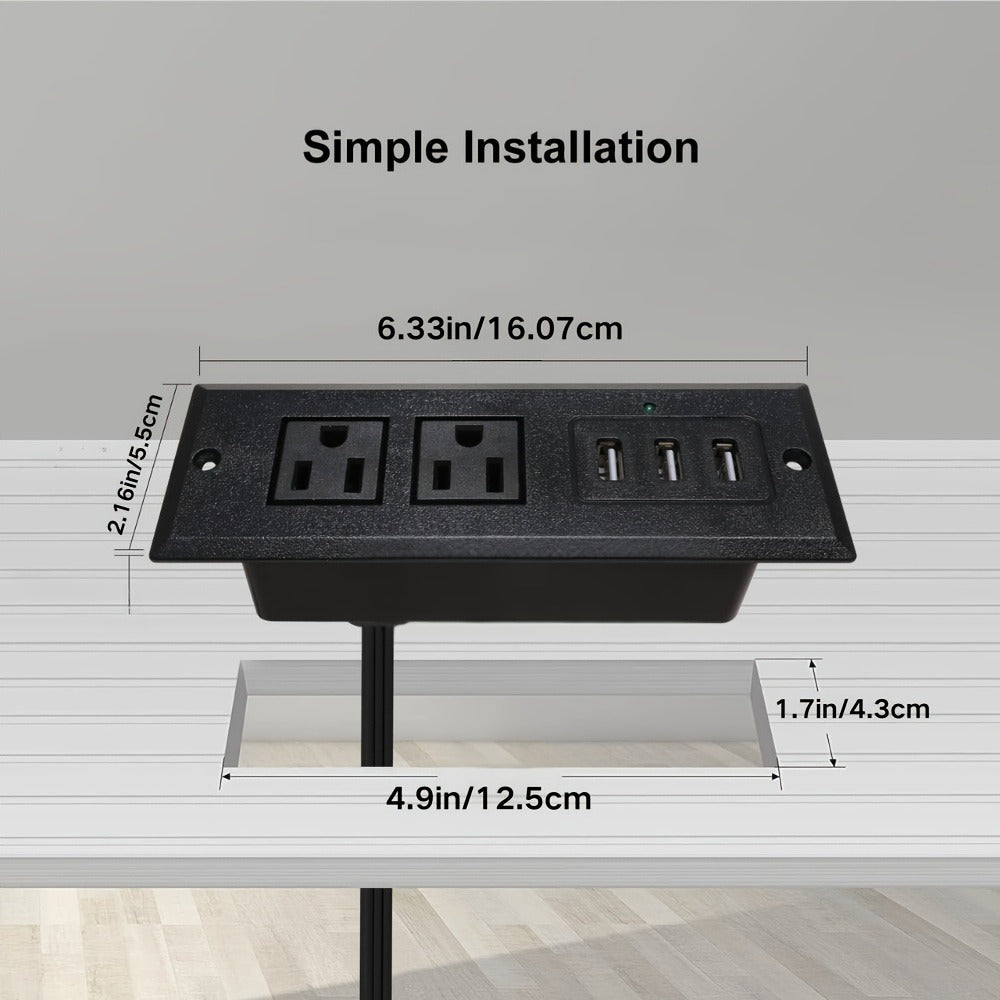 Recessed Power Strip Flush Mount Desk Outlet - 2 AC Outlets & 3 USB-A Ports, Desktop Charging Station with LED Indicator Light & 4.92FT Cord for Side Table, Sofa Table, Nightstand & Home Office