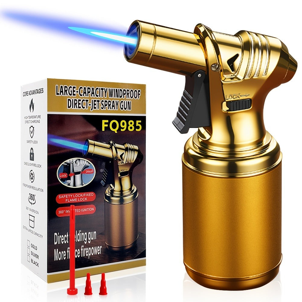 Big Tank Kitchen Butane Torch Lighter Adjustable Flame & Safety Lock - Refillable Blow Torch with Refill Adapters for Creme Brulee, BBQ, Desserts & Baking | Butane Not Included
