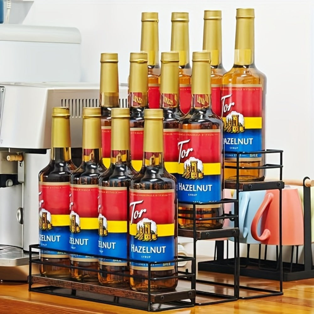 3-Tier Metal Bottle Rack Countertop Organizer ¨C No-Install Syrup Holder for Coffee Bar, Wine & Whiskey Display Stand, Holds 12 Bottles