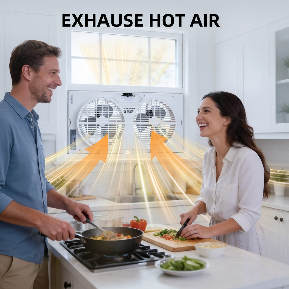 Twin Window Fan 9 Inch Dual Blade, Expandable Width with Thermostat and Remote Control, Reversible Airflow 3-Speed Window Fan for Bedroom, Living Room, Kitchen and Home Ventilation