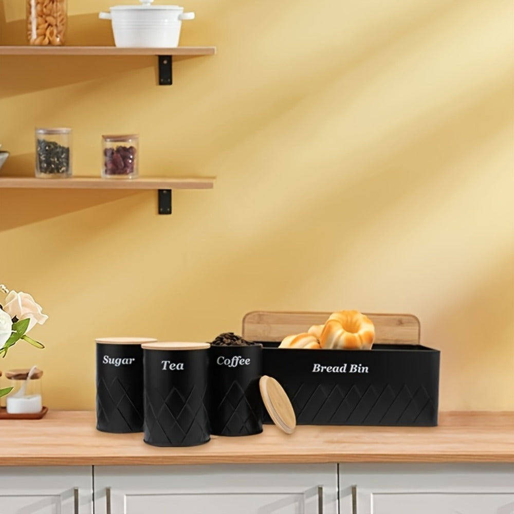 Bread Bin with 3-Piece Canister Set for Tea Sugar Coffee - Flip-Top Lid Kitchen Storage Containers Countertop Organizer Set