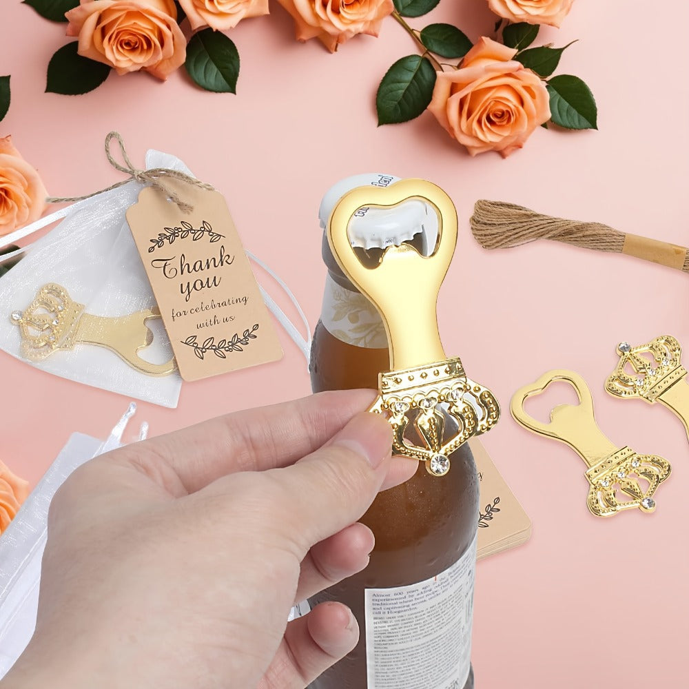 Crown Bottle Opener Wedding Favors 10 Sets 31pcs - Rose Gold Party Gift for Guests with Organza Bag Thank You Tag Twine for Bridal Shower Birthday Baby Shower Bar Kitchen