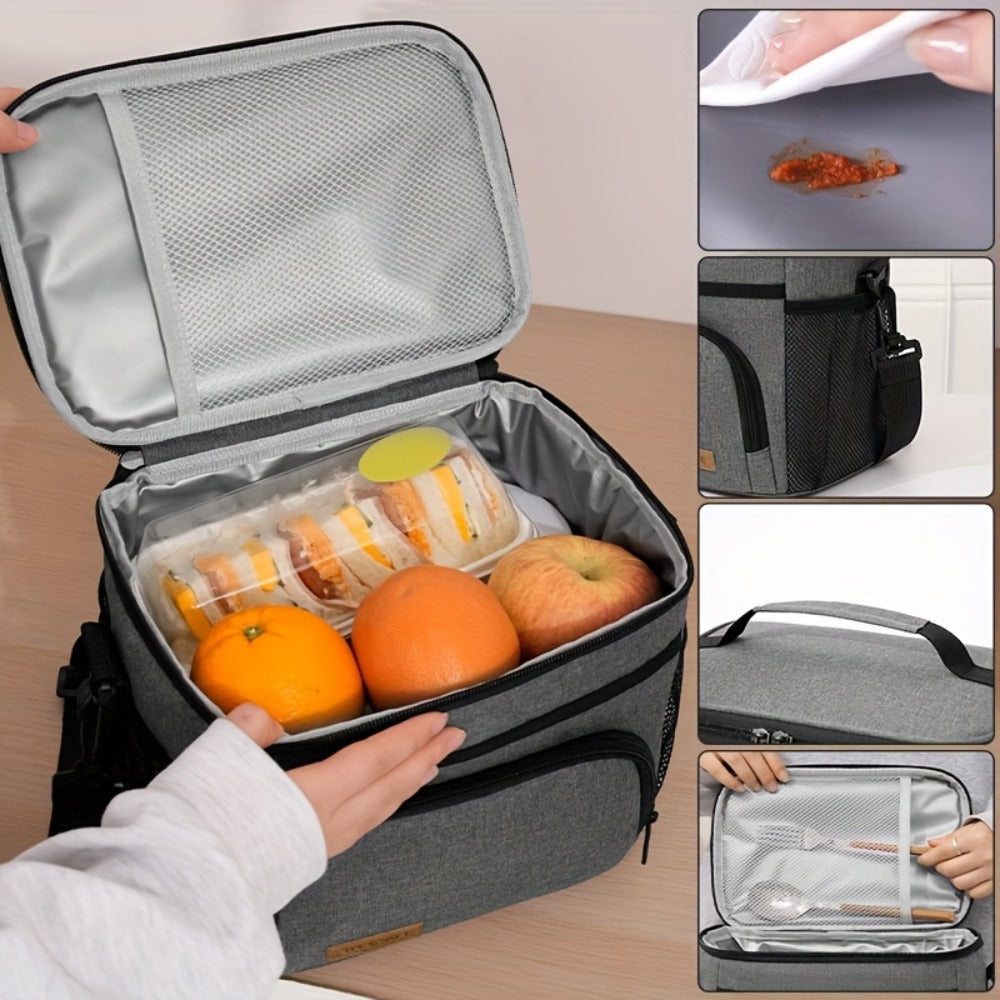 Insulated Lunch Bag with Adjustable Shoulder Strap - Leakproof Reusable Cooler Bag for Men Women Portable Fresh Keeper | Black Grey Blue | Office Travel Beach Picnic Camping School