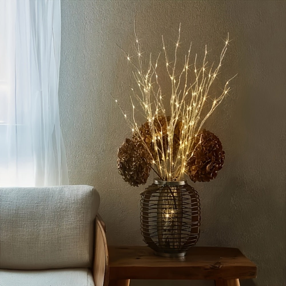 Birch Branch Lights Set of 2, Artificial Luminous Birch Tree Branches with Green Leaves & LED Fairy Lights ¡ª Battery Powered Indoor Decor for Christmas, New Year, Home & Reading Nook