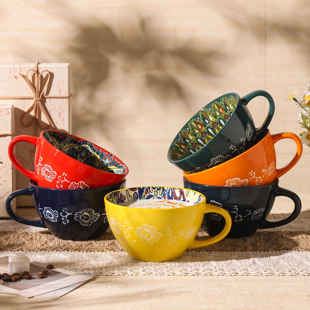 Bohemian Ceramic Coffee Mugs Set of 6 ¨C 15 Oz Large Capacity Breakfast Mug ¨C Microwave Safe for Hot & Cold Drinks ¨C Unique Boho Drinkware Gift for Halloween, Thanksgiving & Christmas