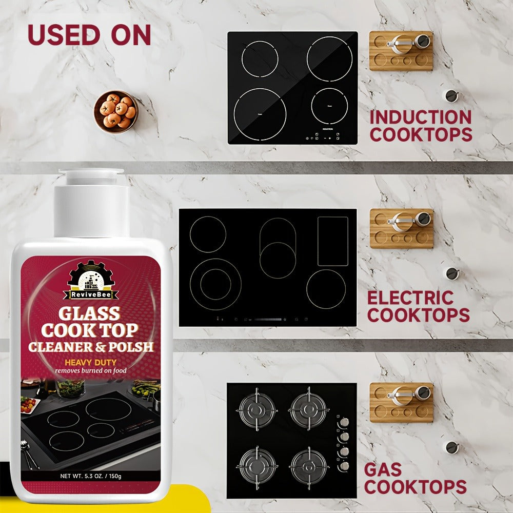 Glass Stovetop Cleaning Paste ¨C Heavy Duty Cooktop Cleaner Cream, Removes Burnt-On Grease, Oil Stains & Food Residue from Stove Tops, Burners & Glass Surfaces, Non-Scratch Easy Scrub Formula
