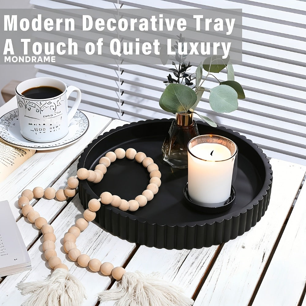 Wood Decorative Tray for Coffee Table 11 Inch Round Boho Serving Tray Wooden Centerpiece for Living Room Ottoman Console Table Jewelry Organizer Accent Decor Tabletop Storage Tray White Black