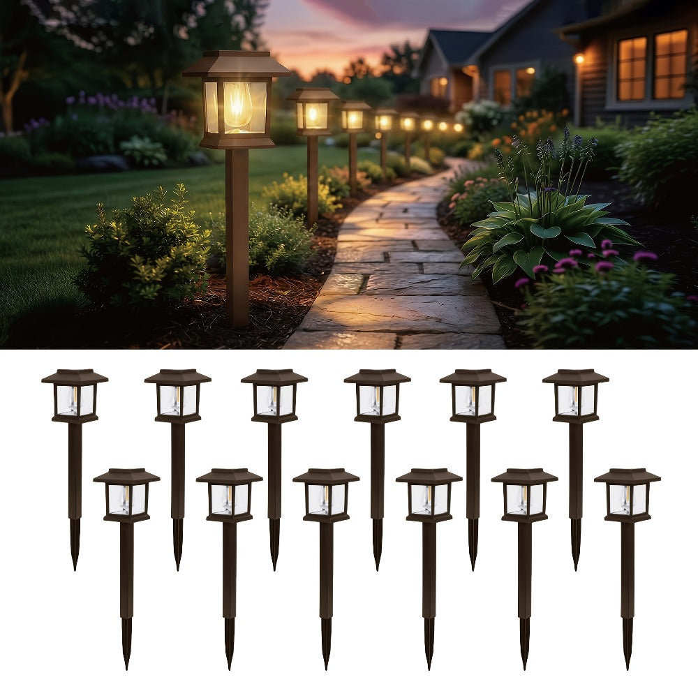 Solar Pathway Lights Outdoor Edison Style LED ¨C Up to 12 Hours Auto On/Off IP44 Waterproof | Warm White Solar Garden Lights for Yard, Driveway & Walkway | Black & Brown Upgraded Stake Lights