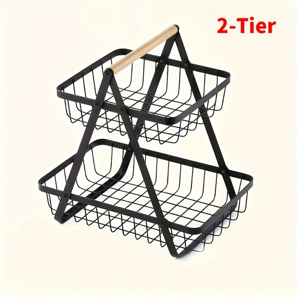 Metal Wire Bathroom Storage Basket with Wooden Handle Multi-Tier Countertop Organizer Detachable Fruit Basket Kitchen Pantry Bedroom Desk Organization