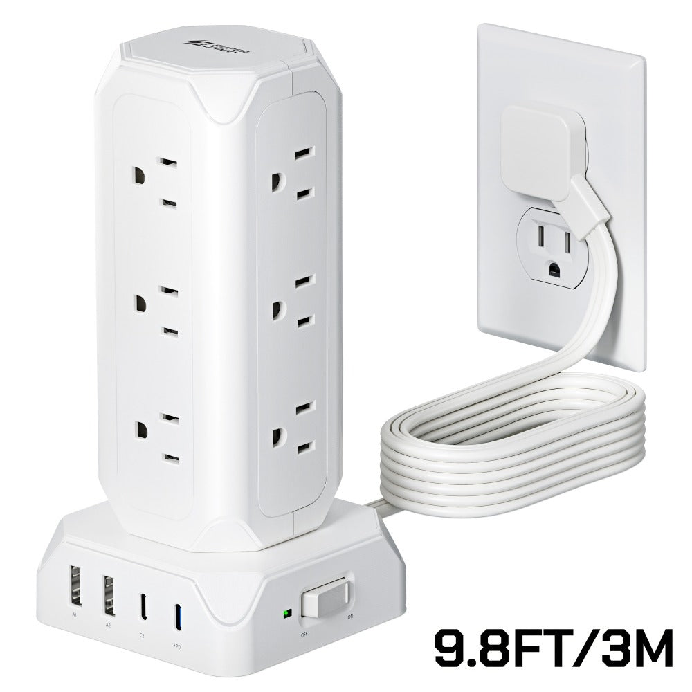 Power Strip Tower 16-in-1 Surge Protector 12 AC Outlets 4 USB Ports USB-C PD20W 1800J Protection Desktop Charging Station 10ft or 15ft Extension Cord for Office School Dorm White