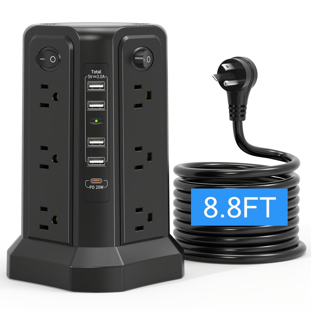 Power Strip Tower Surge Protector 16 AC Outlets 5 USB Ports PD20W USB-C Fast Charging Flat Plug Extension Cord 1500J Overload Protection Desktop Charging Station for Home Office Dorm