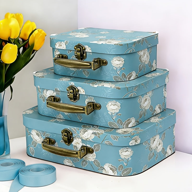 Vintage Cardboard Suitcase Set of 3 with Polka Dot Design & Lid - Decorative Storage Boxes for Wedding Party Favors Souvenirs Photos, Valentine Anniversary Christmas Gift Box