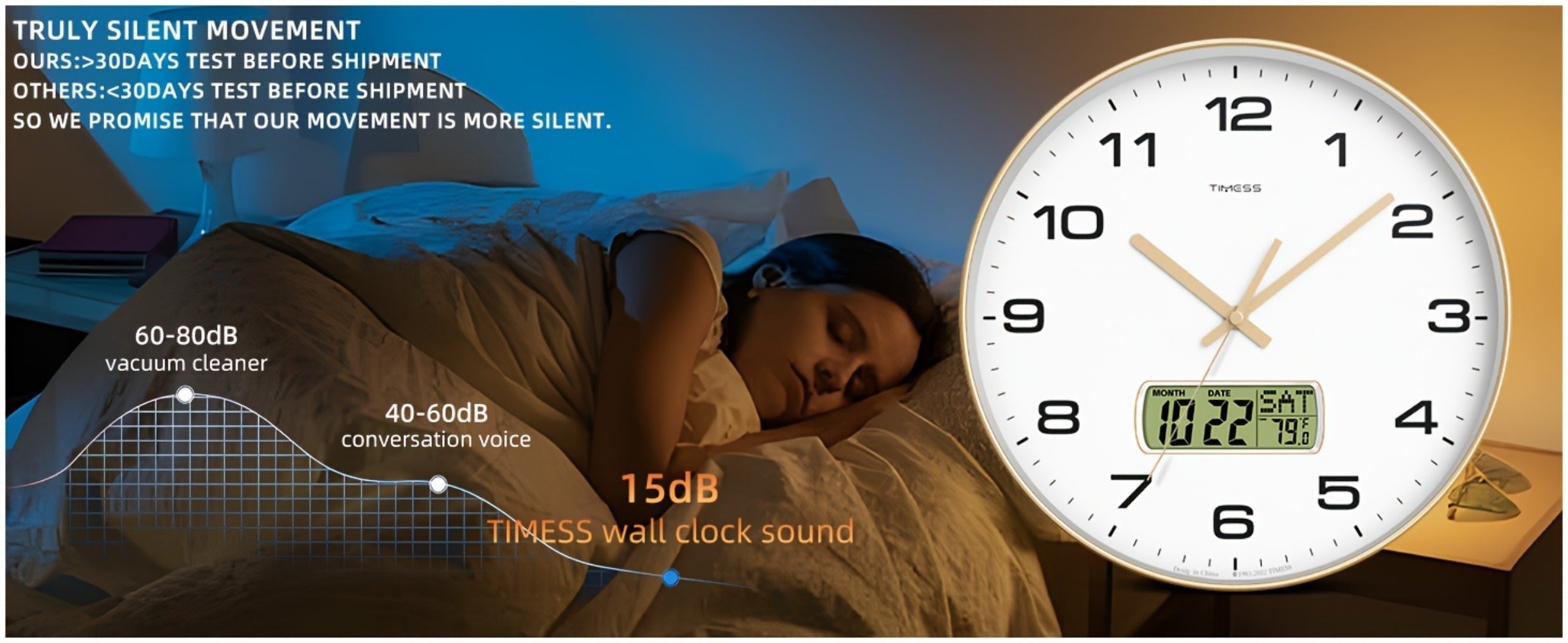 Silent Wall Clock Round Analog 10/12 Inch ¨C Battery Operated, Calendar & Temperature Display, Non-Ticking Quiet Movement for Bedroom, Office & Living Room, Multiple Colors