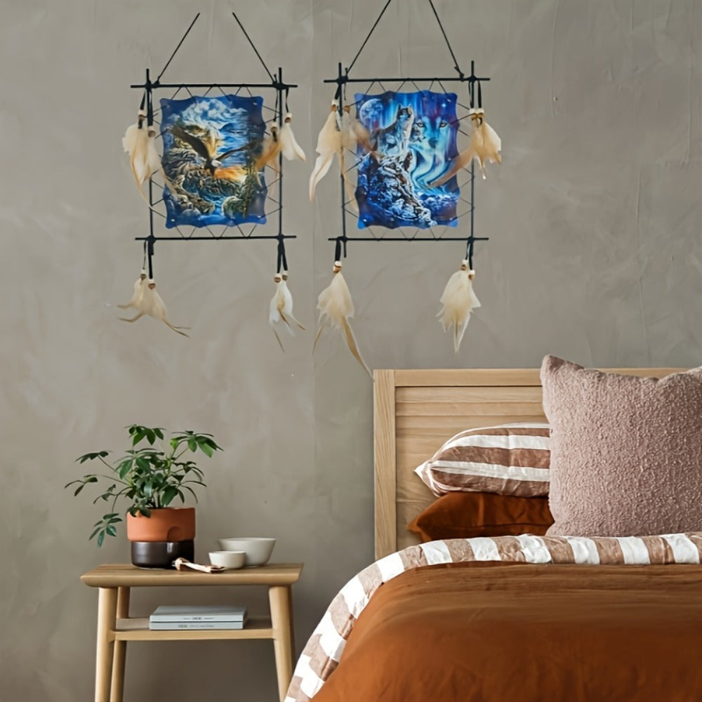 Wolf Eagle Dream Catcher Wall Art 2pcs Canvas Print Boho Native American Totem Hanging Decor with Feathers Wooden Beads Vintage Iron Frame for Living Room Bedroom Entryway TV Background